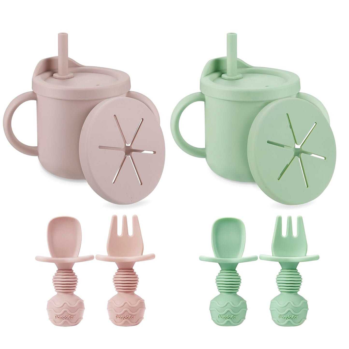 PandaEar 2 Pack Silicone Baby Straw & Snack Cup with 2 Spoons 2 Forks, Dual-Purpose Toddler