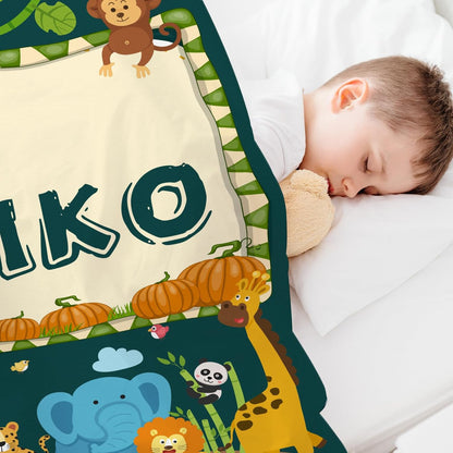 Personalized Cute Animals Name Blanket, Custom Monogram Name Blankets Elephant Monkey Toddler Boy Soft Flannne Swaddling Blankets Customized Memorial Gift for Infant Newborn Shower