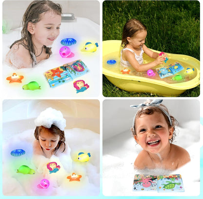 Light Up Bath Toys for Toddlers Kids Girls Baby, No Hole Glow Bath Toys with Bath Book & Organizer