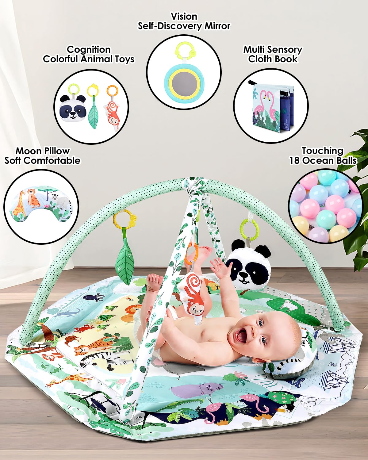dearlomum 4-in-1 Tummy Time Mat,Baby Activity Play Mat,Newborn Play Baby Mats for Floor with 6 Infant Learning Sensory Baby Toys, Toddler Motor Skill Development,Babies Ball Pit with 18 Ocean Balls
