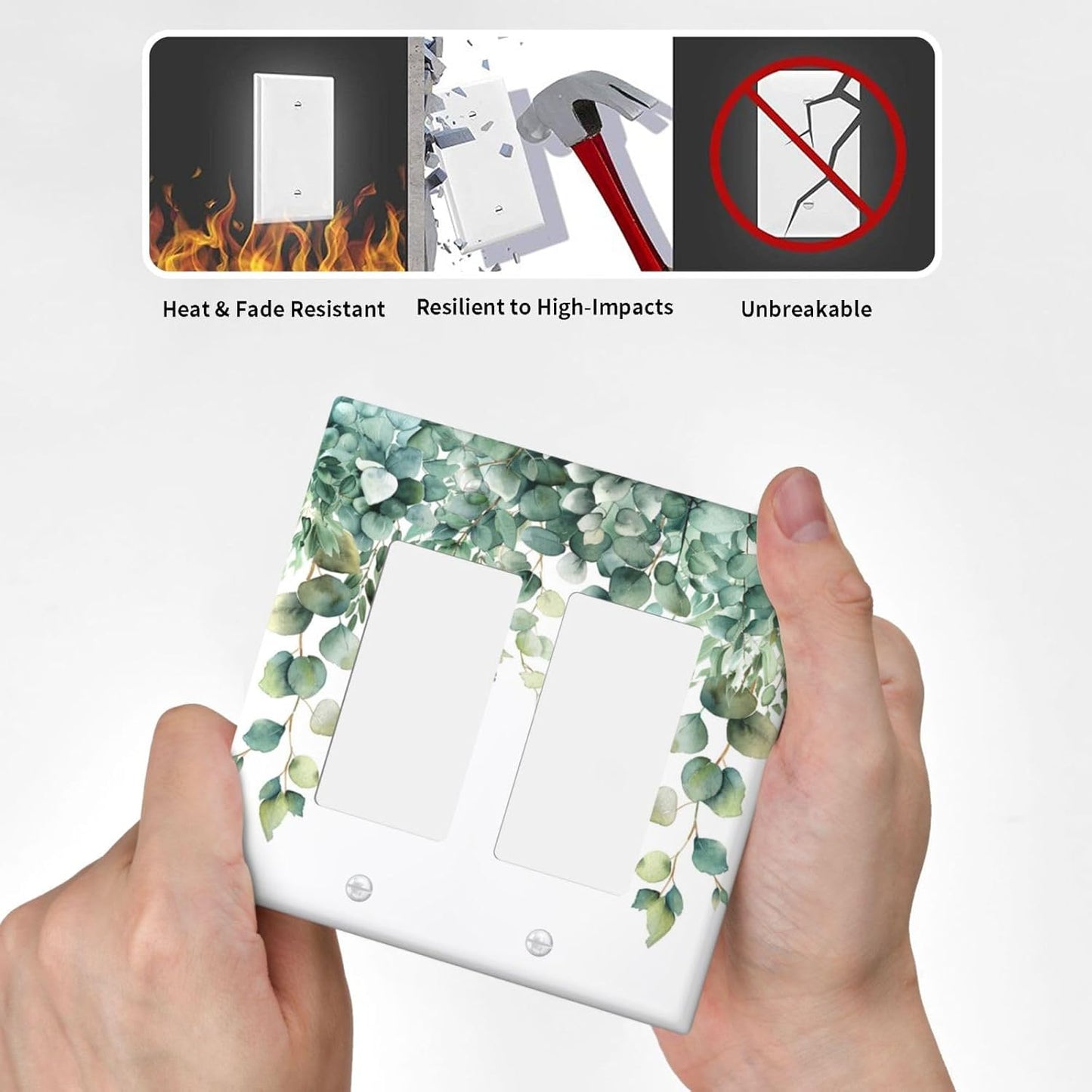 Decorative Outlet Covers Rustic Green Eucalyptus Leaves 2 Gang Wall Plate Double Rocker Two Switch Wall Cover Plate Light Switch Cover Plate Faceplate for Country Bedroom Home Decor