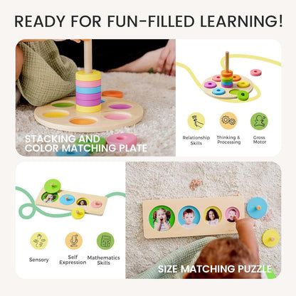 Tiny Land Montessori Toy Set for Baby 13-15 Months Explorer Play Kit - 7-in-1 Baby Drum, Carrot Harvesting and Coin Boxes, Stacking and Color Matching Plate, Size Matching Puzzle, Color Board Book