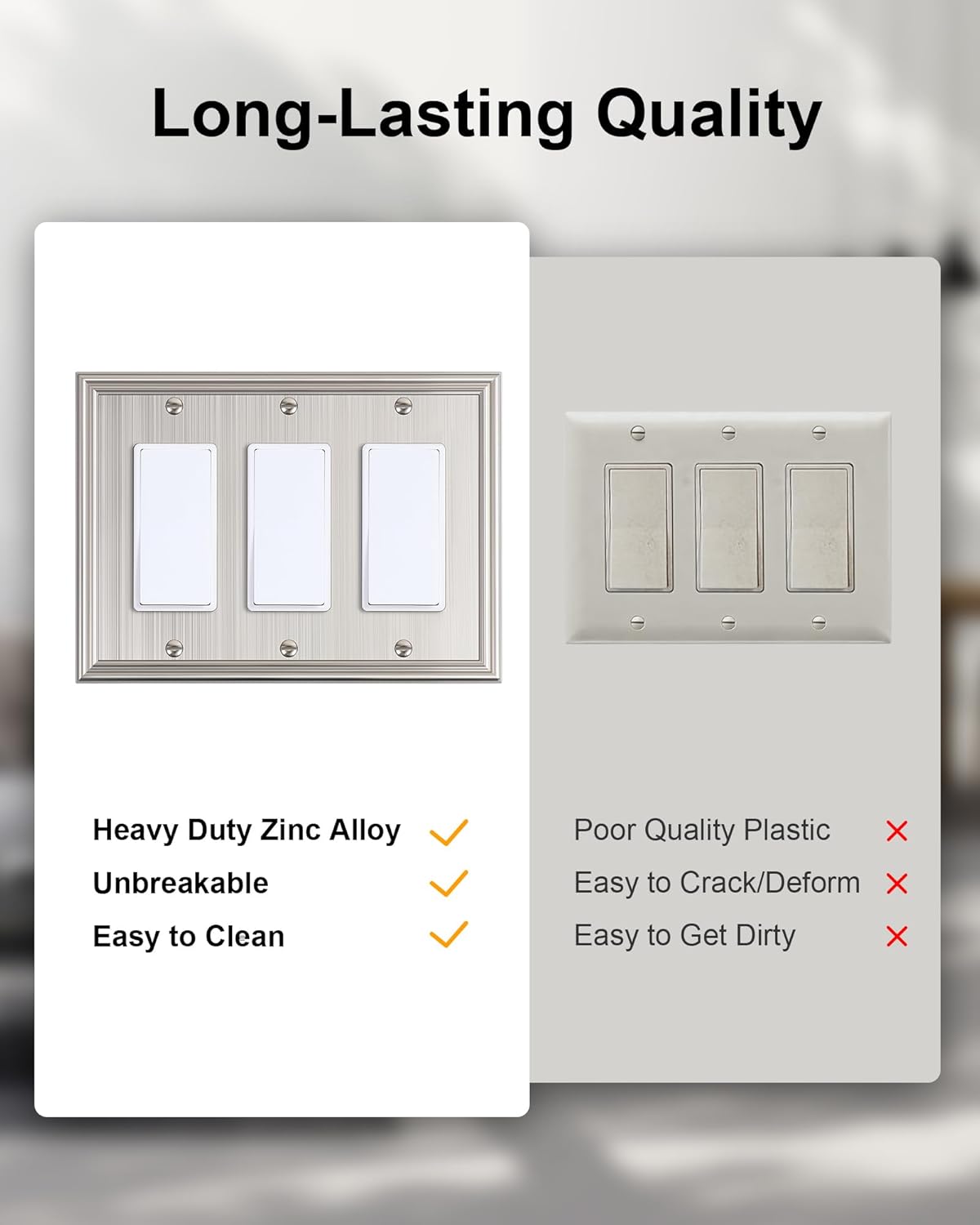 2-Pack Decorative Tripple Decorator Outlet Cover Plate, Durable Zinc Alloy Brushed Nickel Wall Plates for Electrical Outlets, Receptacle, GFCI Outlet, Dimmer Switch, 3-Gang