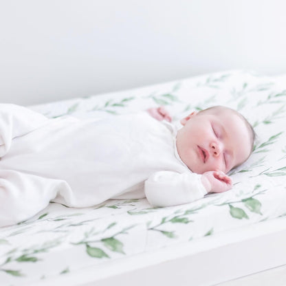 Crane Baby Green Leaf, Quilted Changing Pad Cover, 100% Cotton Sateen, 16in X 32in, Fitted with Elastic, Soft, Machine Washable, Neutral Nursery Essential