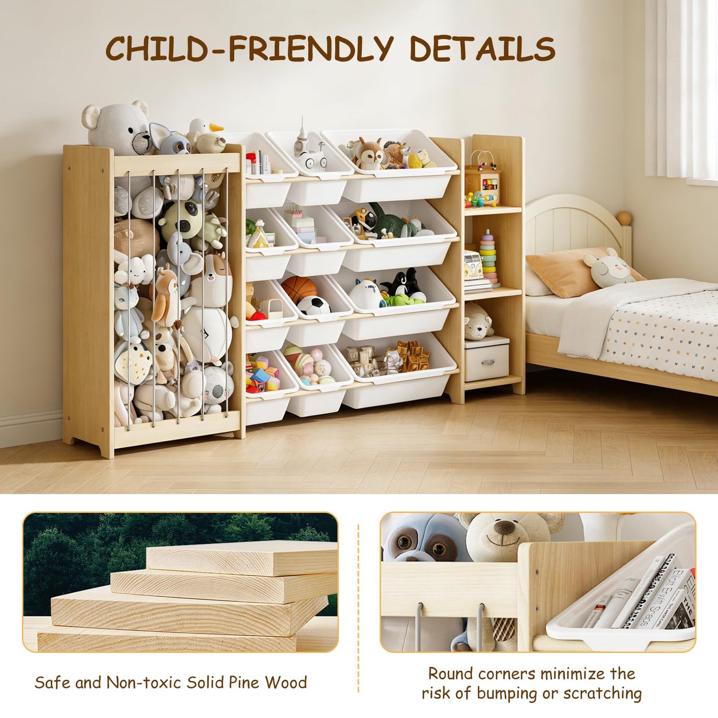 EXPERLAM 3-in-1 Toy Storage Organizer, Stuffed Animal Holder & 3-Tier Bookcase, Solid Wood Toy