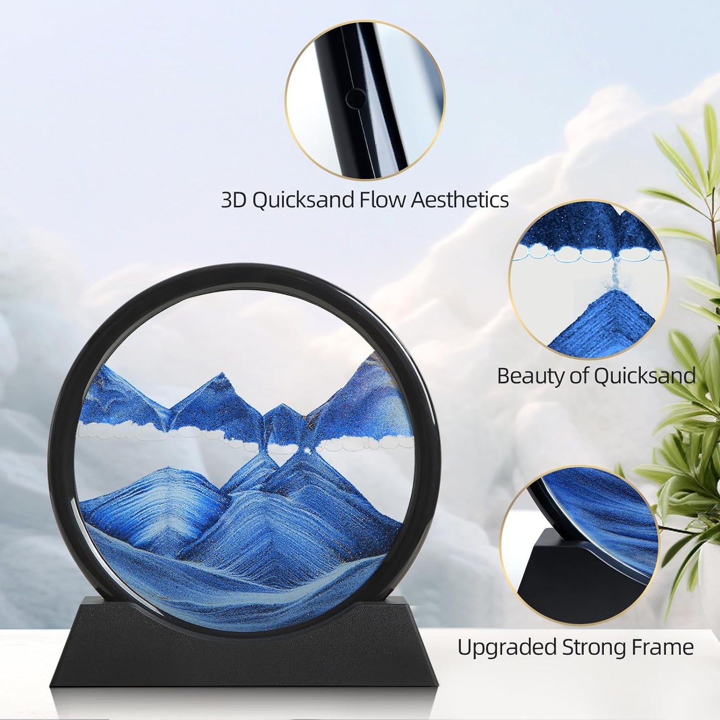 KPNUWN Moving Sand Art Liquid Motion, 3D Deep Sea Sandscape Color Quicksand Decor, Round Glass Moving Sand Art Picture Relaxing Desktop Home Office Work Decor (7 inch-Blue)