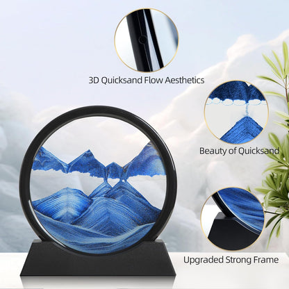 KPNUWN Moving Sand Art Liquid Motion, 3D Deep Sea Sandscape Color Quicksand Decor, Round Glass Moving Sand Art Picture Relaxing Desktop Home Office Work Decor (7 inch-Blue)