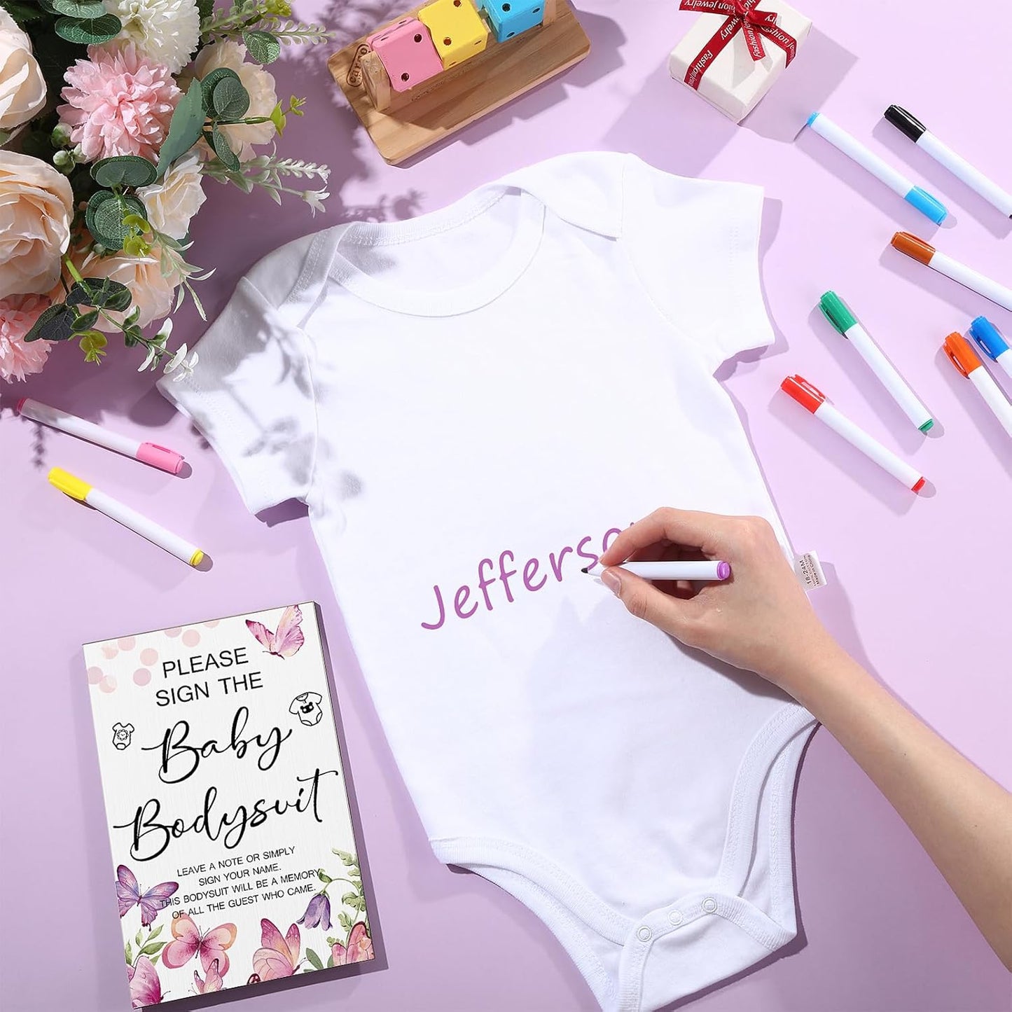Qunclay 12 Pcs Baby Bodysuit Baby Shower Game Include 1 Game Wooden Sign Tabletop Decor 1 White Blank Newborn Bodysuit 10 Fabric Marker for Gender Reveal Party(Butterfly)