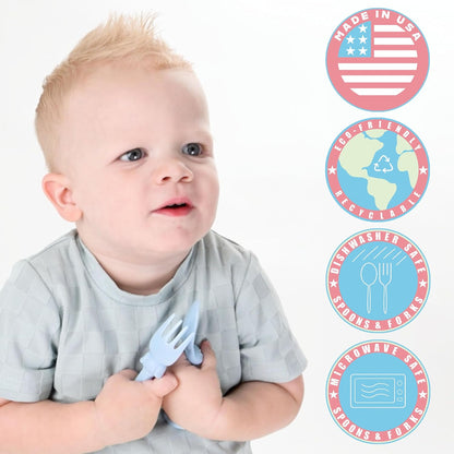 Made in USA Spoon la la Toddler Utensils Set (2 Pack) & Board Book - Spoon & Fork for Kids, Self-Standing 3D Ergonomic Cat & Dog Handles, BPA-free, Dishwasher Safe Baby Silverware (Blue)
