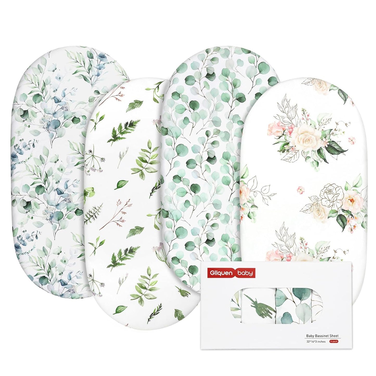 Gllquen Baby Bassinet Sheets 4 Pack, Breathable Cozy Fitted Mattress Sheet, Elastic Travel Crib Fashionable Floral Pattern, Standard Cradle Safe Sheets for Baby Boys Girls 32"x16"(Greenery)