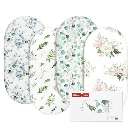 Gllquen Baby Bassinet Sheets 4 Pack, Breathable Cozy Fitted Mattress Sheet, Elastic Travel Crib Fashionable Floral Pattern, Standard Cradle Safe Sheets for Baby Boys Girls 32"x16"(Greenery)
