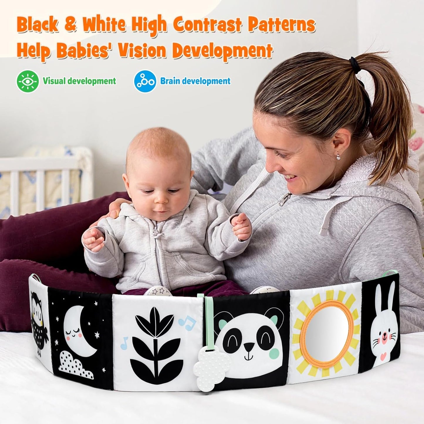 OKOOKO Black and White Baby Book, High Contrast Toy, 0-6 Months Baby Soft Book Tummy Time Montessori Sensory Toy for Stroller Early Education for 0-6 6-12 Months Newborn Infant