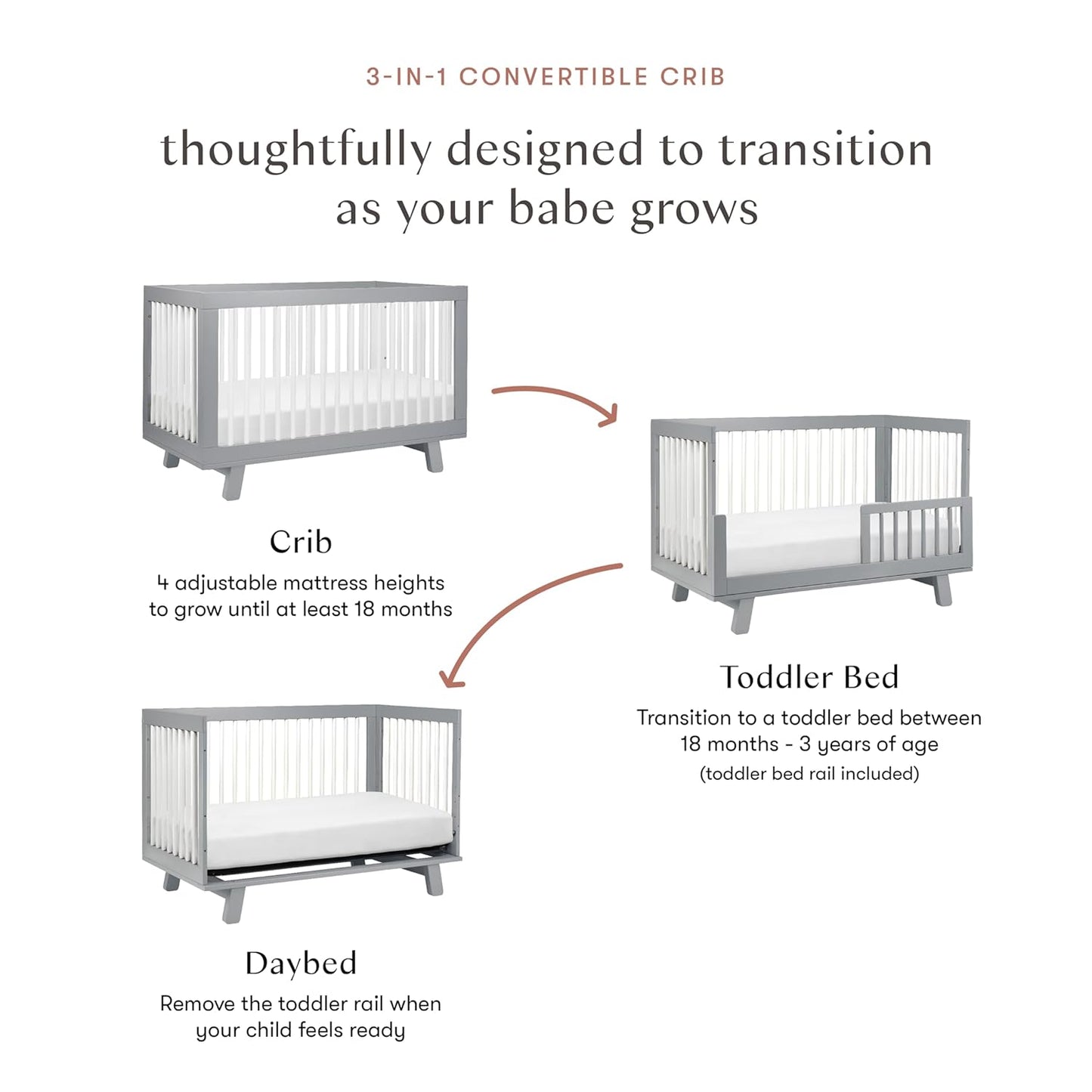 Babyletto Hudson 3-in-1 Convertible Baby Crib with Toddler Bed & Daybed Conversion - Strong, Durable & Easy to Assemble - GREENGUARD Gold Certified w/ 4 Adjustable Mattress Heights - Grey and White