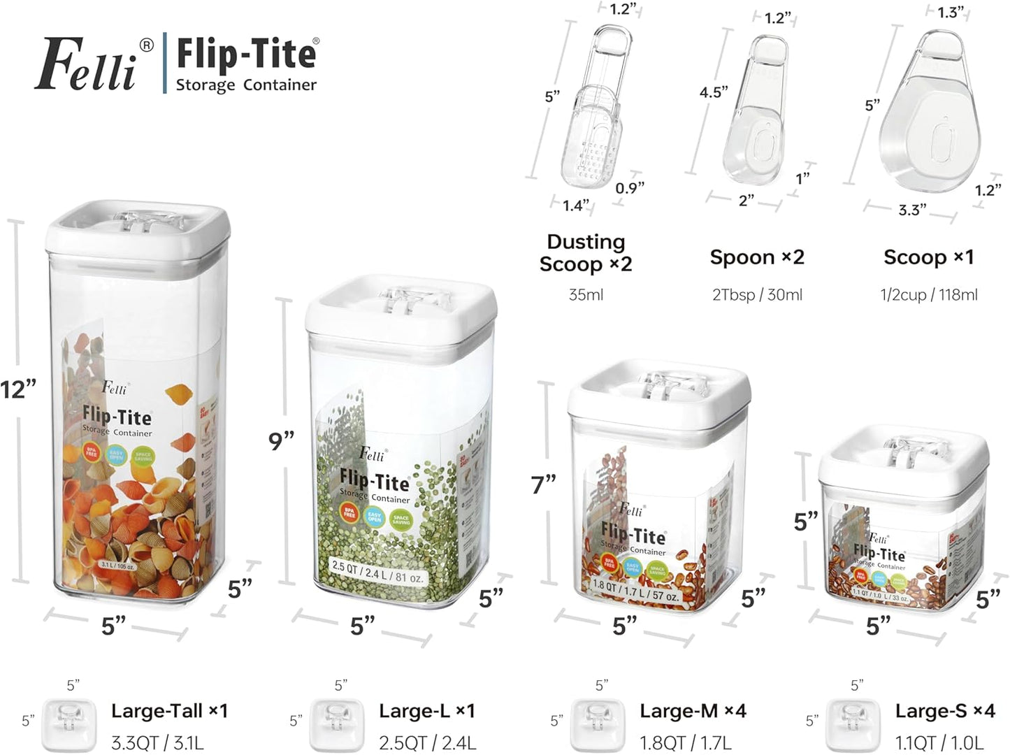 Felli Flip Tite Food Storage Container with Scoop & Lid 5" LARGE Airtight Ring Top, Acrylic
