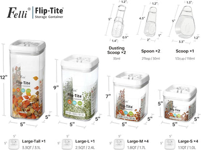 Felli Flip Tite Food Storage Container with Scoop & Lid 5" LARGE Airtight Ring Top, Acrylic