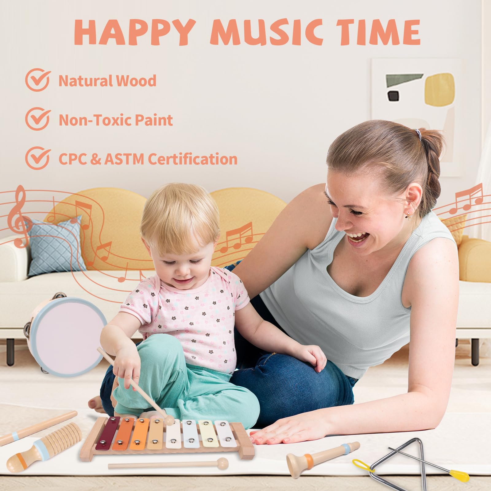 YHHYTOY Montessori Toys Wooden Baby Musical Instruments Set for Toddlers