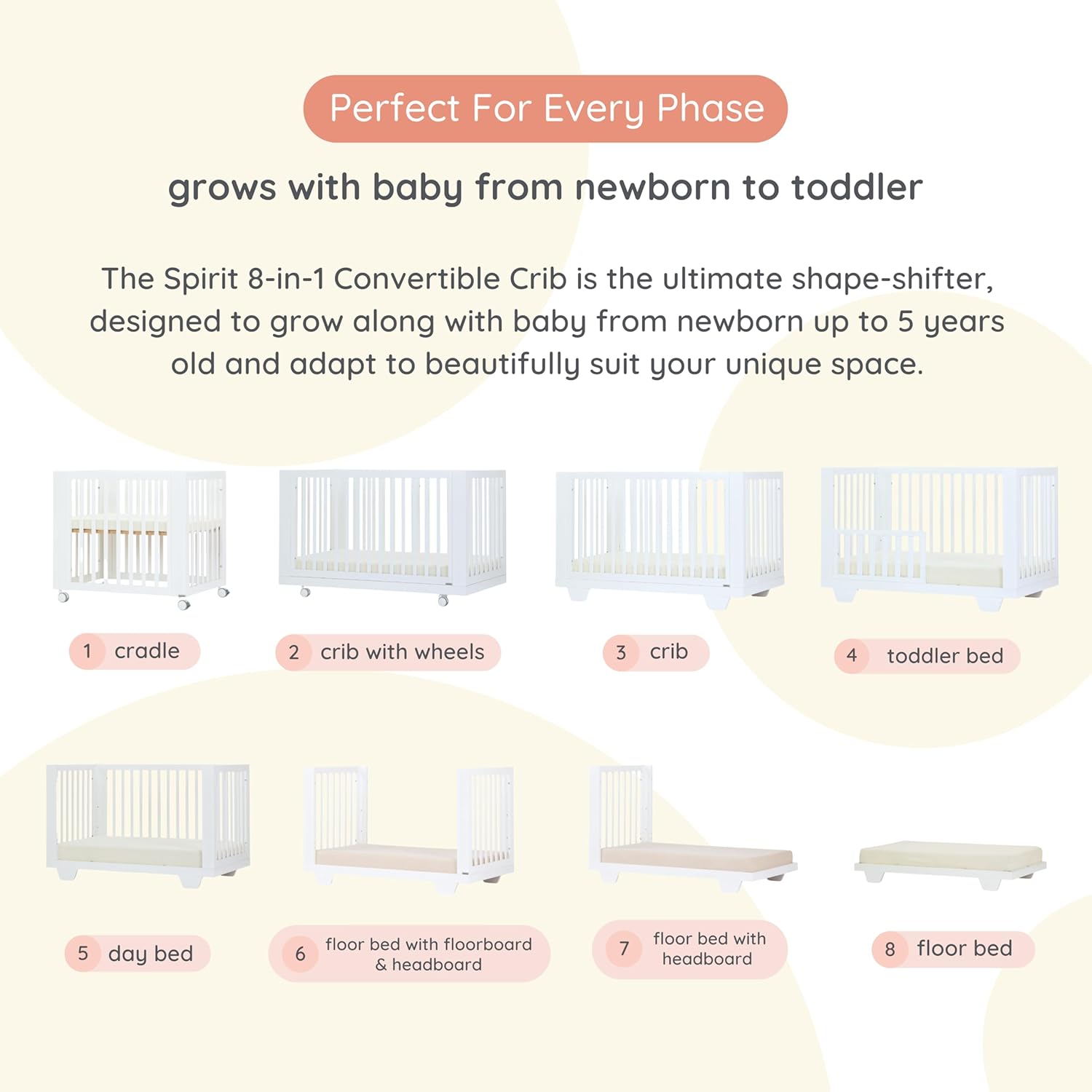 dadada Spirit 8 in 1 Convertible Crib to Toddler Bed & Floor Bed, Made in Italy, Greenguard Gold