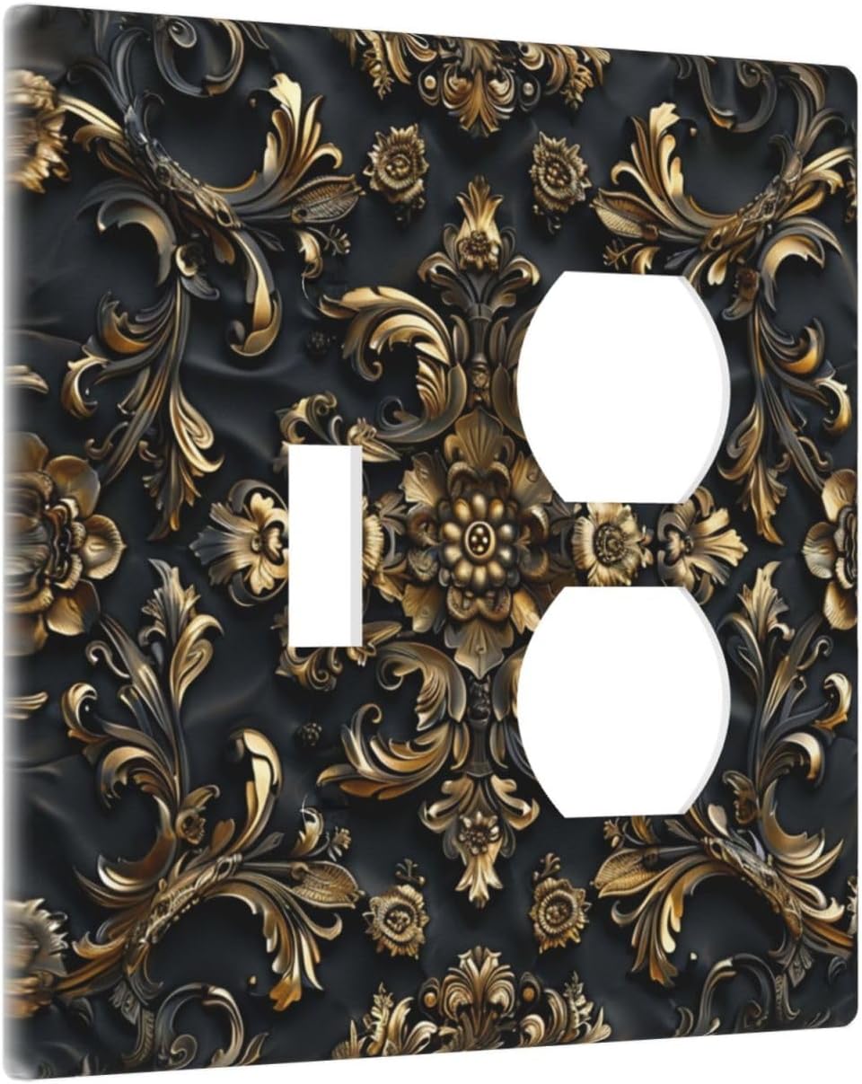 Decorative Outlet Covers Rococo Vintage Black Golden Leaf Morris Vine 2 Gang Wall Plate Cover Single Toggle Duplex Combo Two Switch Light Switch Cover Plate Jumbo Dual GFCI Faceplate