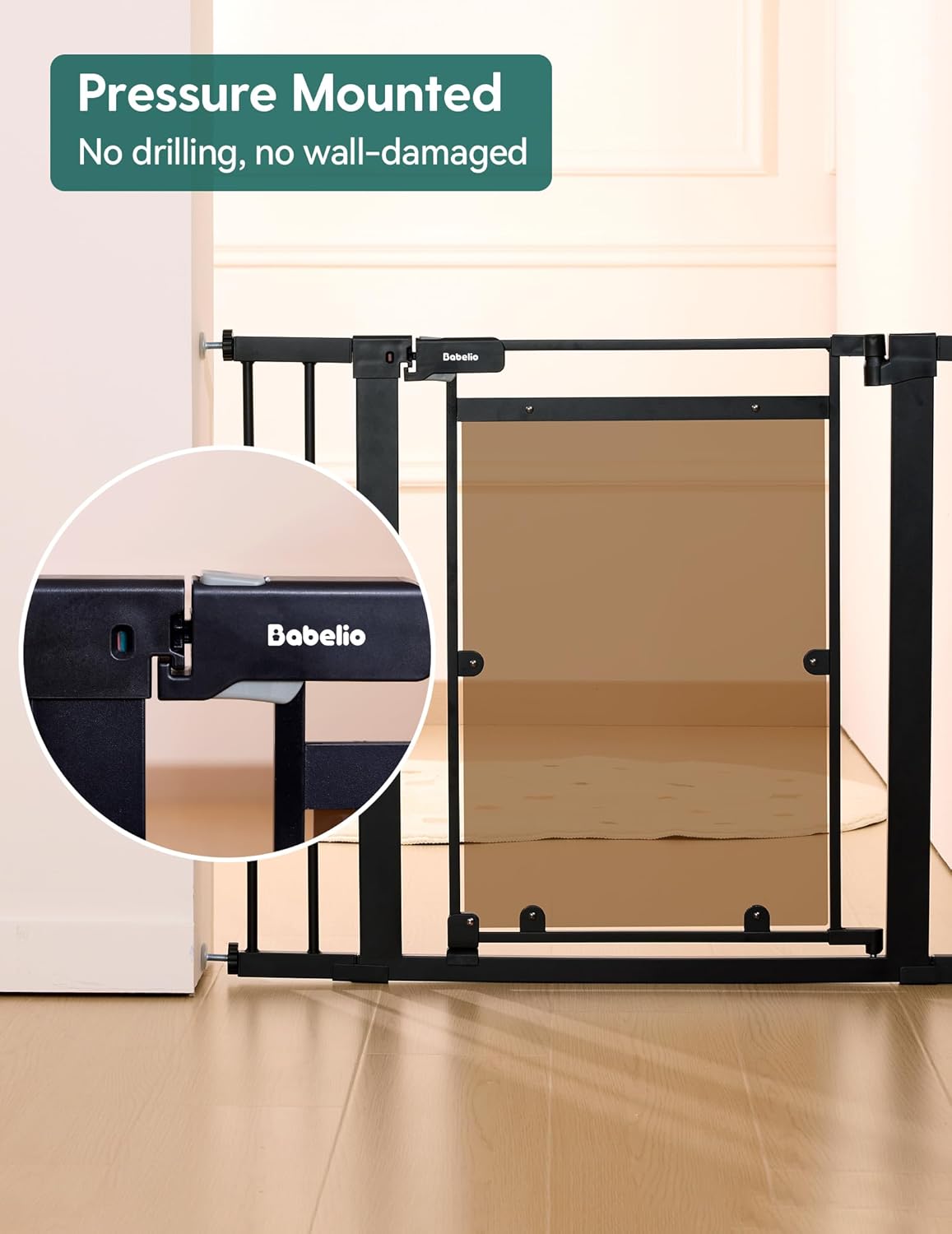 Babelio Clear Baby Gate, 29"-40" Door for doorways, Auto Close for Dog/Pet, Modern Acrylic, Elegance Meet Safety, Pressure Mounted for Child, Black