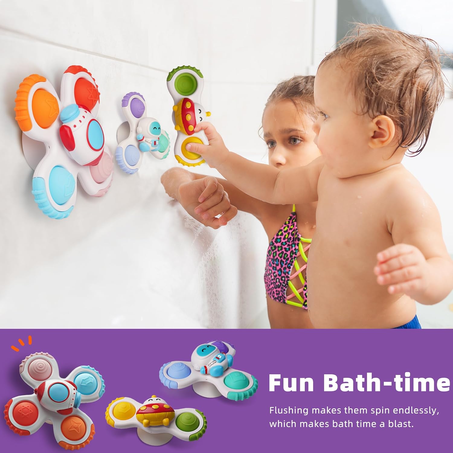 LiKee Strong Suction Cup Fidget Rotating Sensory Bath Toys for Baby 12 18 Months Airplane Car