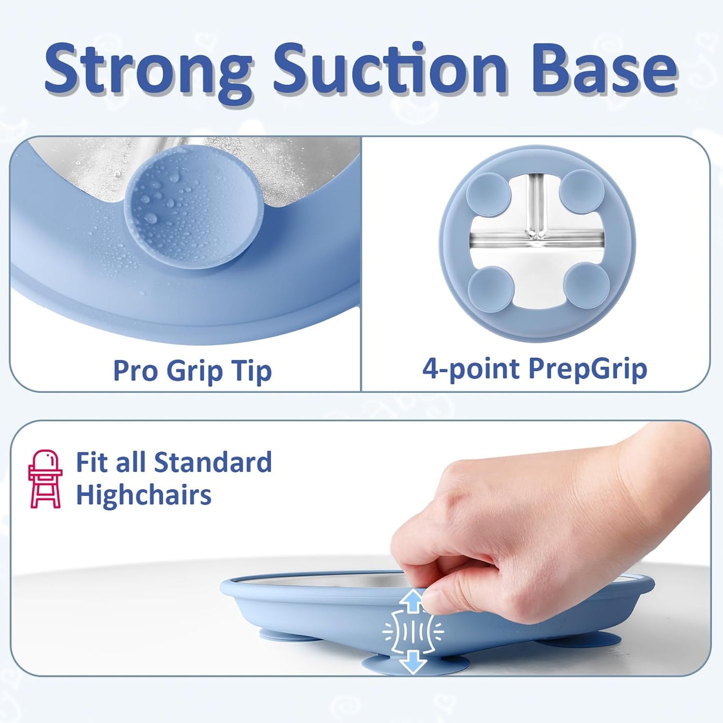 Stainless Steel Suction Plates for Toddlers, 9" Divided Kids Baby Plates with Removable Silicone Suction, Non Toxic Non Slip Portion Control Snack Dishes 4 Packs, Blue Gray Navy Sage