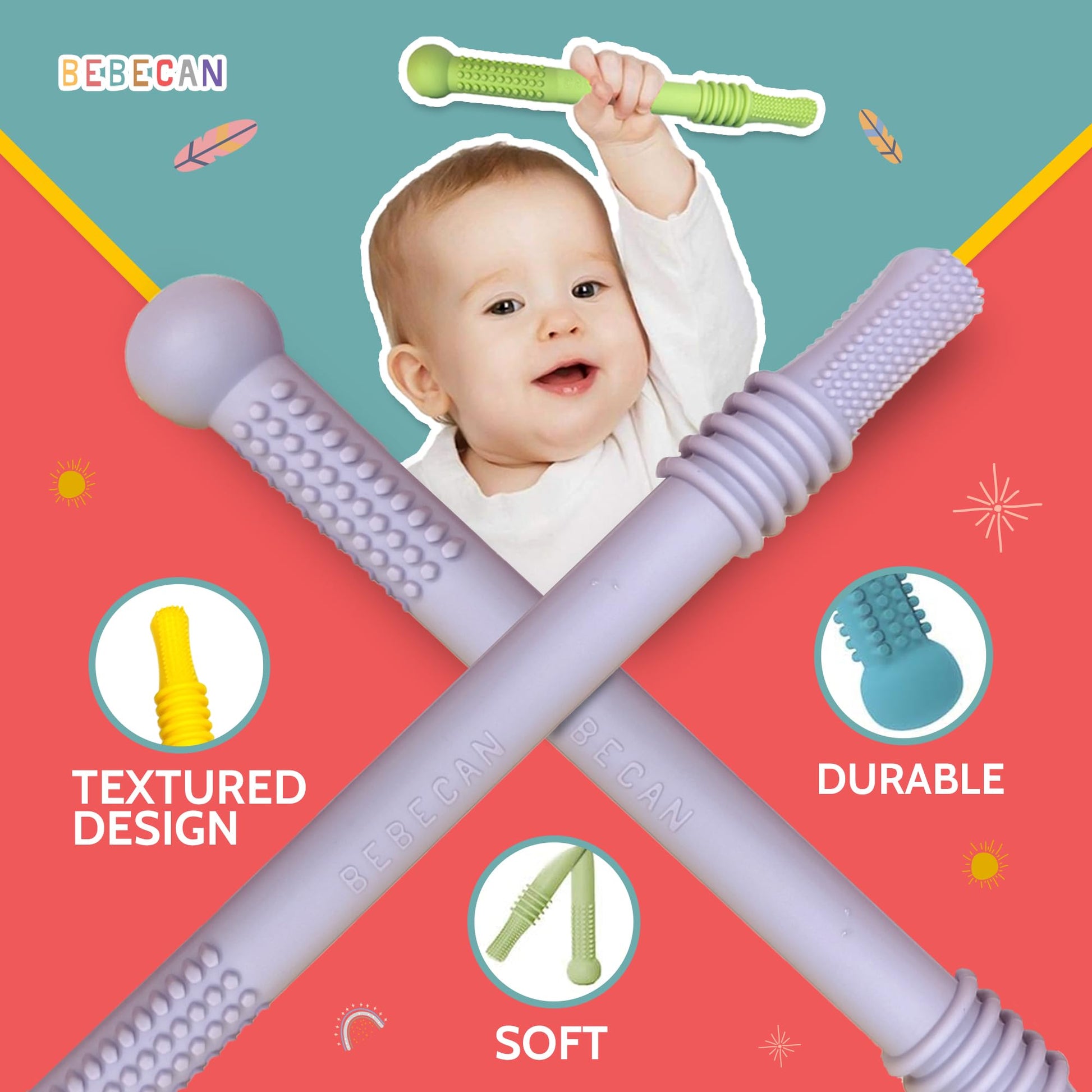 Bebecan Teething Sticks for Babies 36+ Months – Super Soft Silicone Teething Aids, Infant Oral