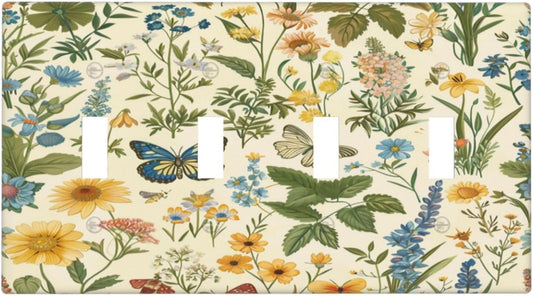 Decorative Switch Covers Plate Rustic Plant Garden Leaf Flower Butterfly 4 Gang Artistic Wall Plate Unique Quad Toggle Light Switch Plate Jumbo Faceplate for Bedroom Home Decor