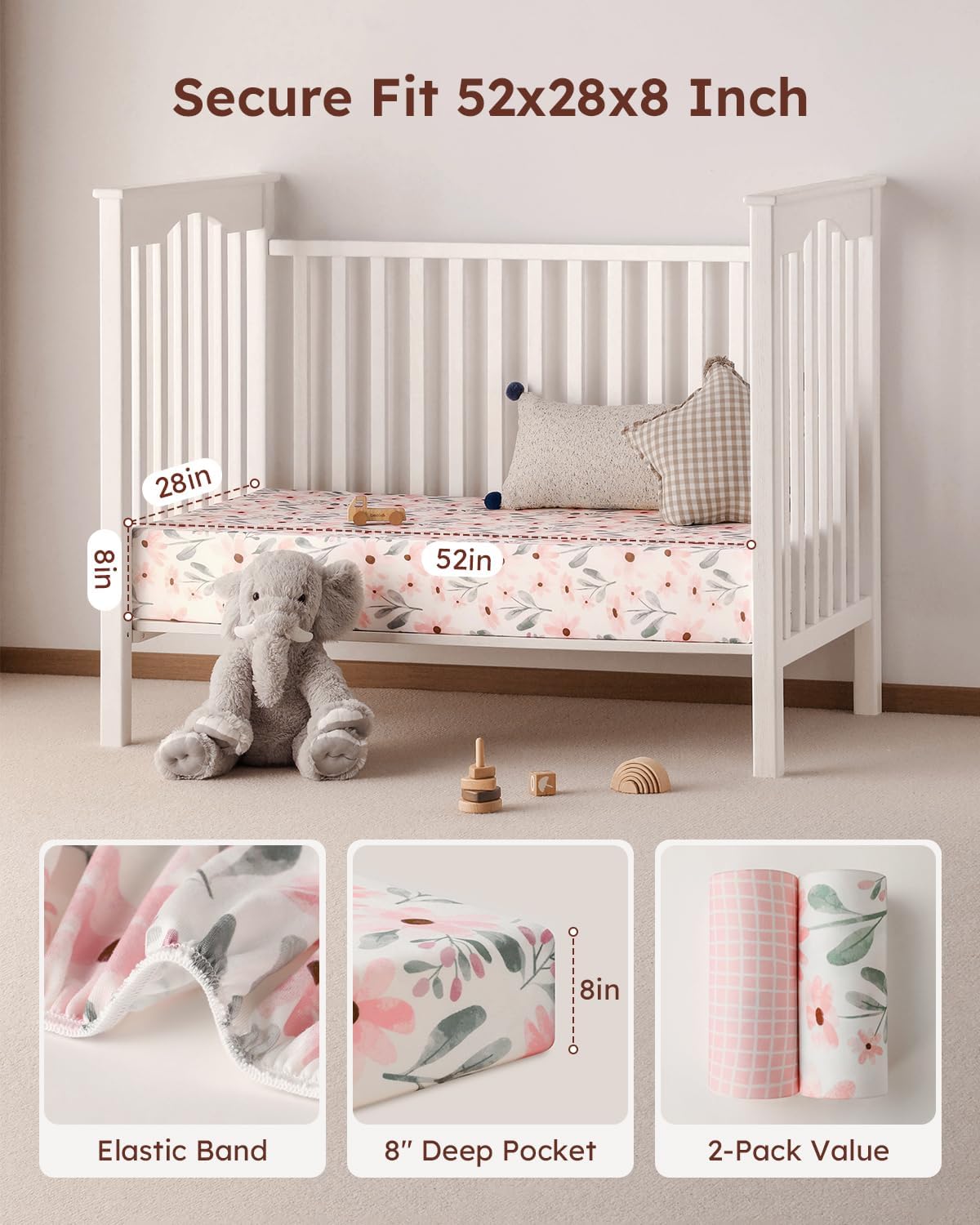 Yoofoss Crib Sheets Girl 2 Pack, 52x28 Fitted Baby Crib Sheet Fits for Standard Crib and Toddler