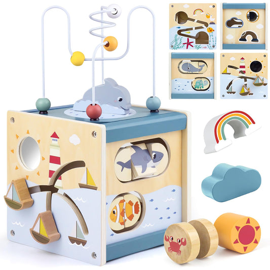 Airlab Wooden Activity Cube Montessori Toys for Boys Girls, Ocean