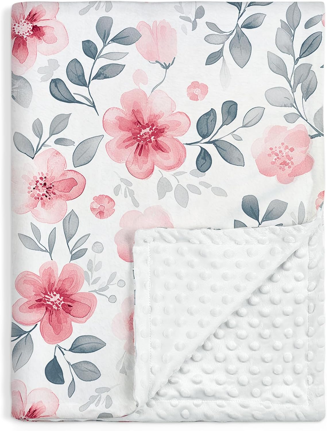 Floral Minky Baby Blanket 30 x 40 Inches for Boys Girls, Soft Plush Receiving Blanket with Dotted