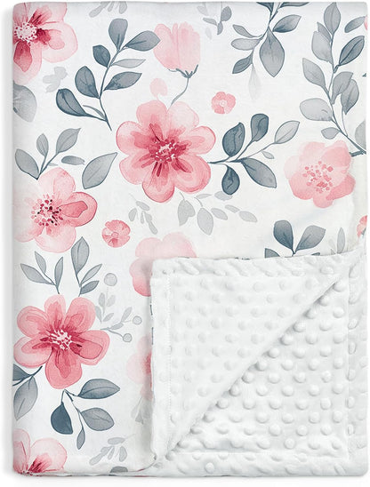 Floral Minky Baby Blanket 30 x 40 Inches for Boys Girls, Soft Plush Receiving Blanket with Dotted