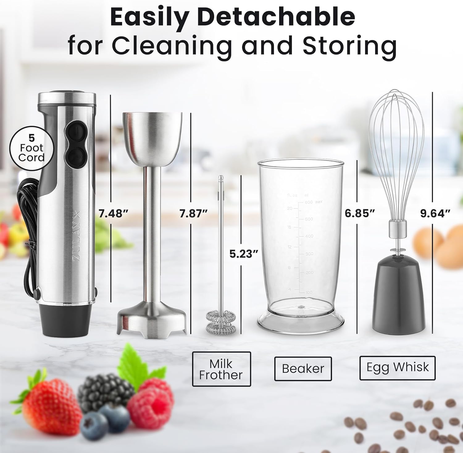 Zulay 4-in-1 Immersion Stick Mixer Hand Blender - 800 Watts, 12 Speeds, 5-ft Power Electric Cord