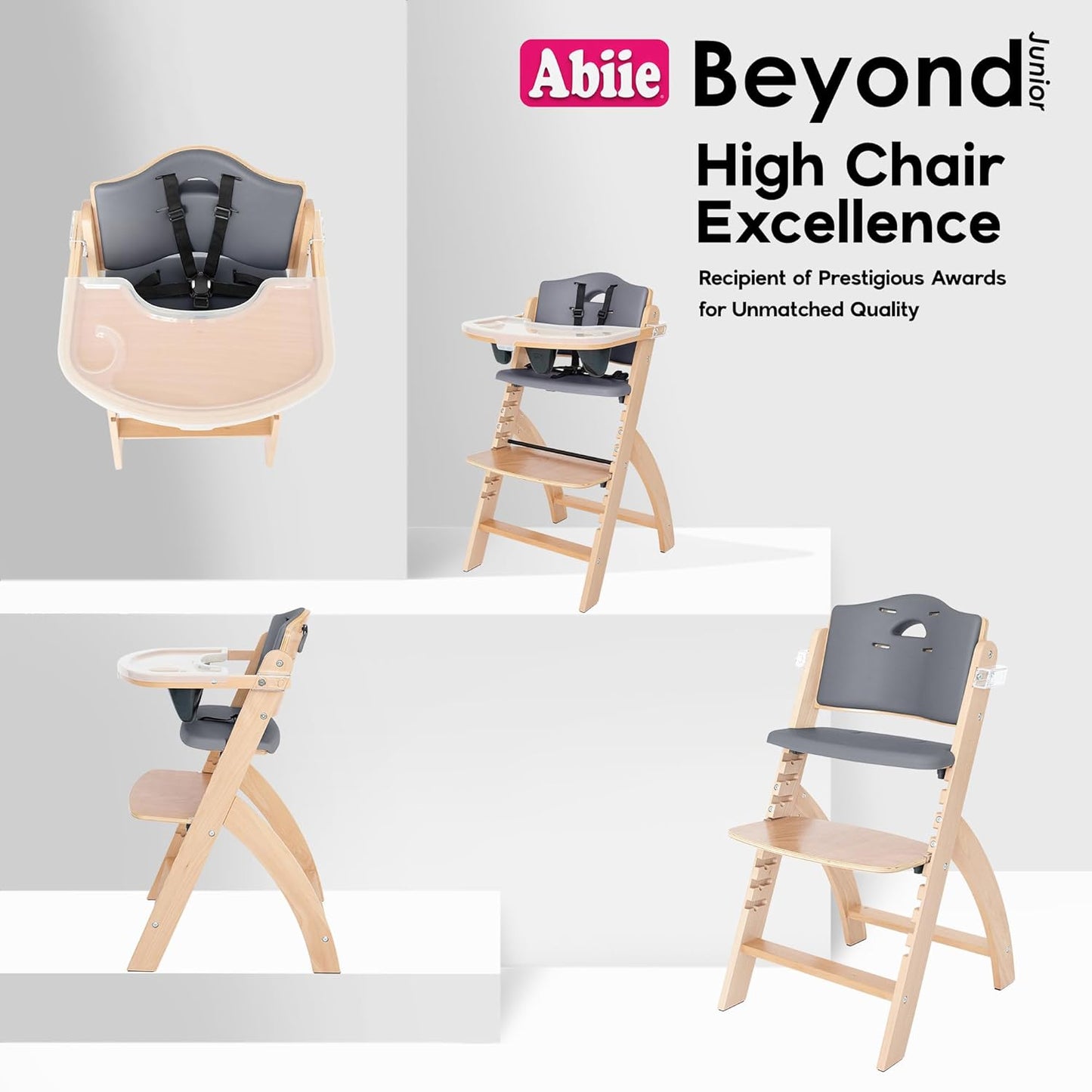 Abiie Beyond Junior Wooden High Chair with Tray - Adjustable and Convertible High Chair for Babies