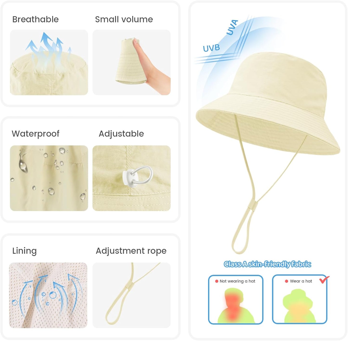 Baby Sun Hat 0-6 Years Toddler Boys Girls Adjustable Bucket Hats Kids Bucket Hats UPF 50+ Wide Brim Beach Swim Pool