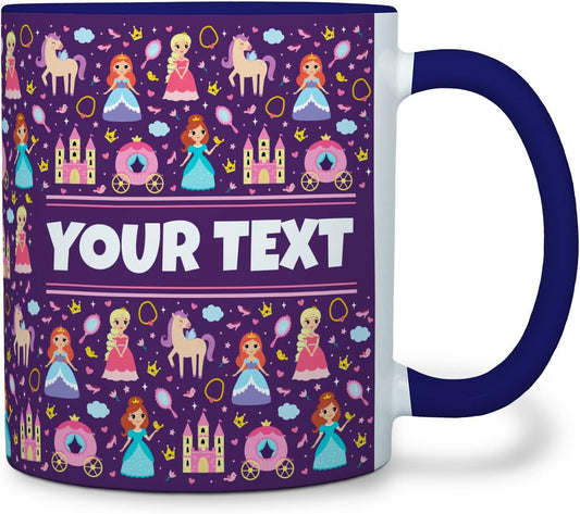 Personalized Mug for Kids - Princesses - Custom Name/Text, Ceramic Hot Chocolate/Cocoa/Coffee Cup for Girls, Birthday/Christmas/Holiday Gift - 11 oz, Navy Blue Handle