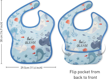 Mess Proof Baby Bib 3 Pack, Waterproof Led Weaning Baby Feeding Bibs with Food Catcher, Travel