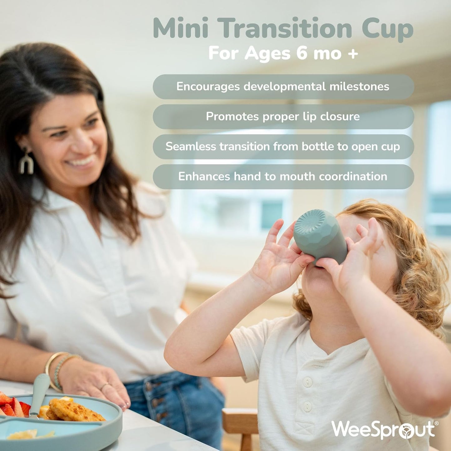 WeeSprout Silicone Baby Training Cups - Set of 2 Soft Silicone Cups - 2 oz Open Cup for Baby 6+ Months - Non-Slip Grip, Weighted Base - Gentle on Gums & Teeth (Matte Blue & Matte Green)