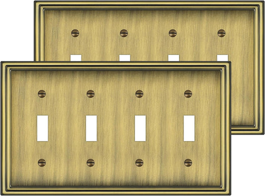 2 Pack Quad Toggle Light Switch Covers Plate, Antique Brass Metal Material Switch Plate Covers, 4 Gang Wall Plate for Light Switch - Classic Style
