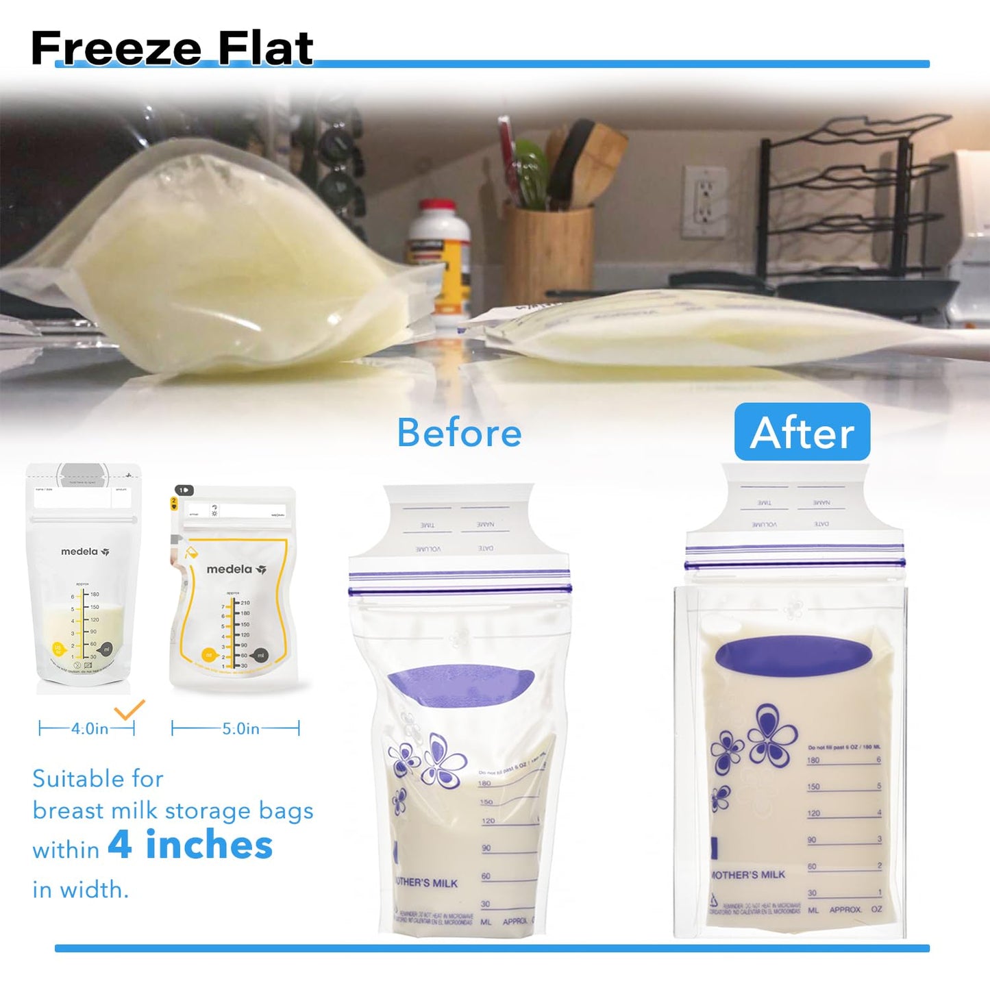 Breastmilk Storage Container with 4 Freezer Flattener Kit to Flatten Standing Breast Milk Bags in
