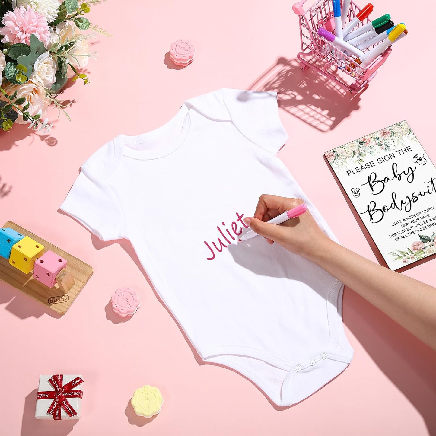 Qunclay 12 Pcs Baby Bodysuit Baby Shower Game Include 1 Game Wooden Sign Tabletop Decor 1 White Blank Newborn Bodysuit 10 Fabric Marker for Gender Reveal Party(Floral)