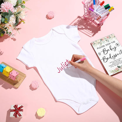 Qunclay 12 Pcs Baby Bodysuit Baby Shower Game Include 1 Game Wooden Sign Tabletop Decor 1 White Blank Newborn Bodysuit 10 Fabric Marker for Gender Reveal Party(Floral)