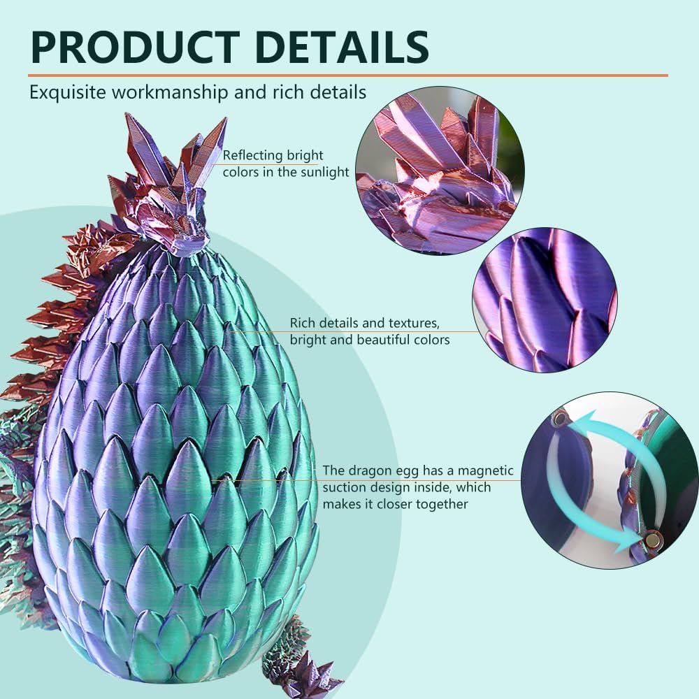 3D Printed Dragon with Dragon Egg 16.5'' Articulated Dragon Crystal Dragon Fidget Dragon Egg Toys Executive Desk Toys (Gold Rose Red, Dragon & Egg)