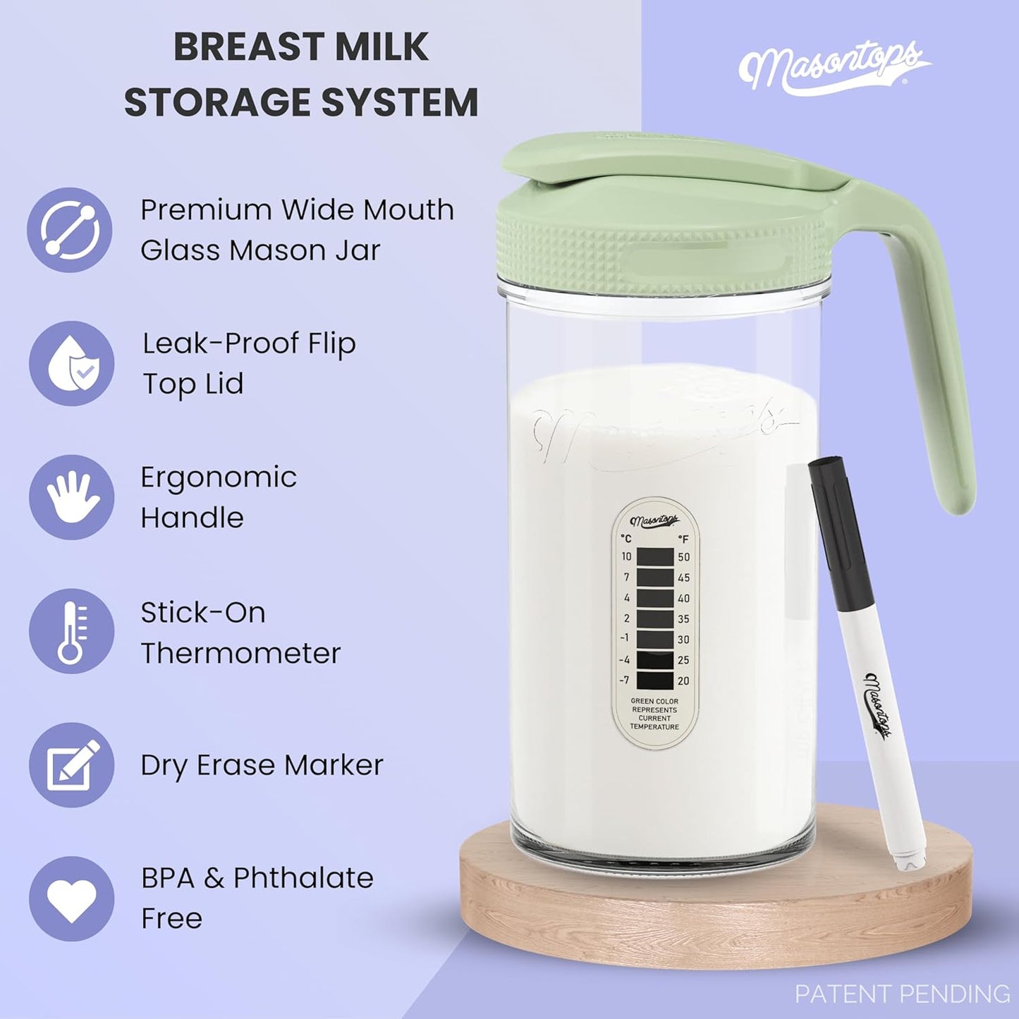 Masontops Breast Milk Storage Kit - 24oz Airtight Mason Jar with Handle, Marker & Stick-on