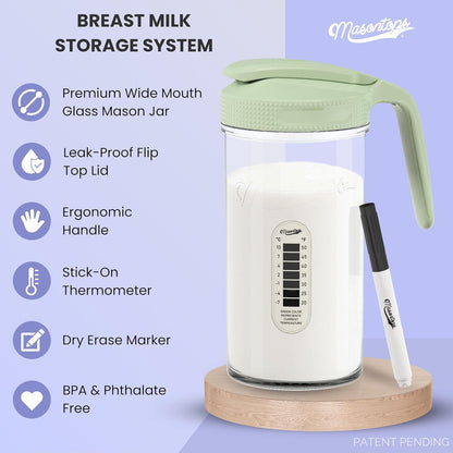 Masontops Breast Milk Storage Kit - 24oz Airtight Mason Jar with Handle, Marker & Stick-on