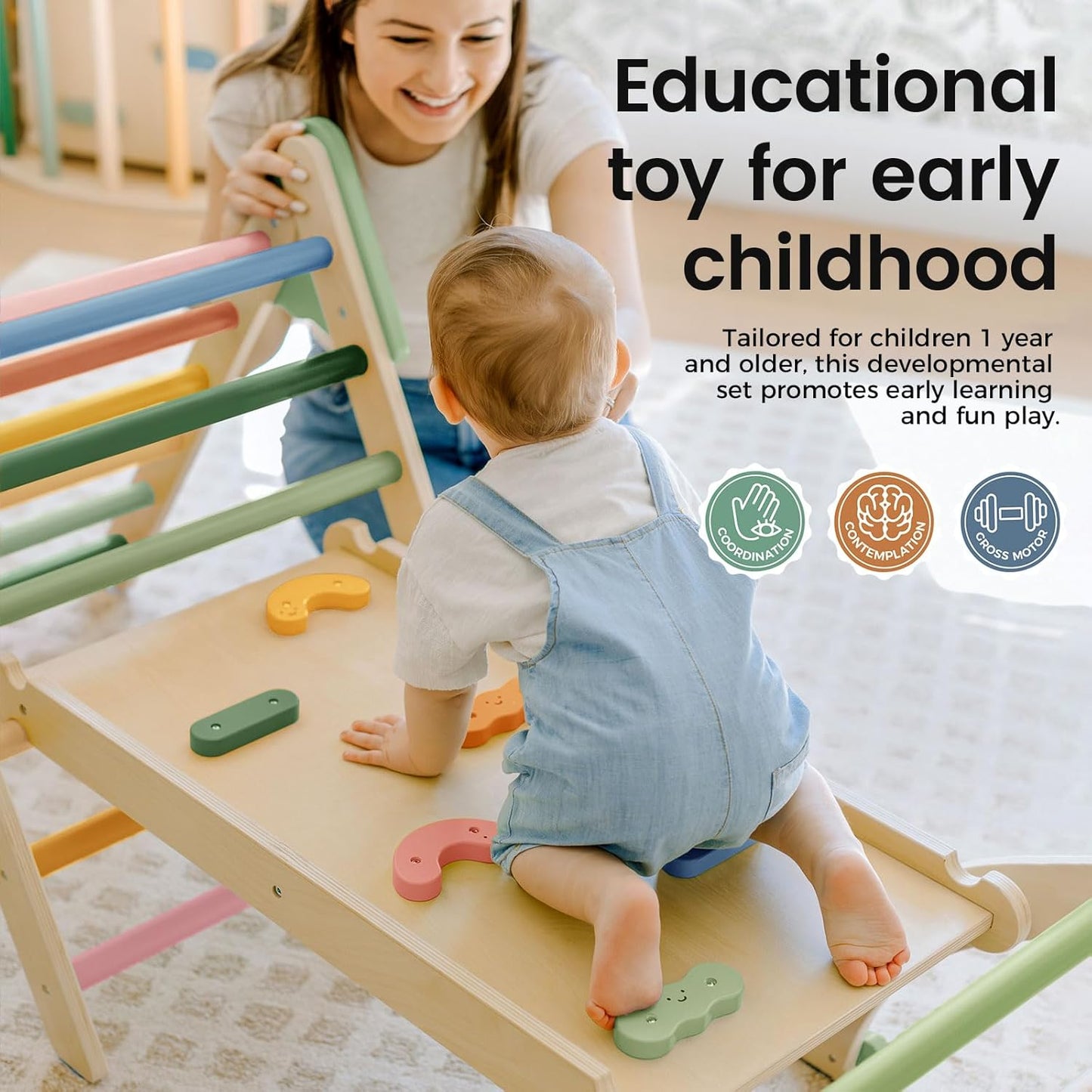 Tiny Land Pikler Triangle Set,7-in-1 Foldable Montessori Toddler Climbing Toys Indoor, Wooden Playground Jungle Gym for Kids, Climber Gift for Boys & Girls Toddler Climbing Toys (Morandi)