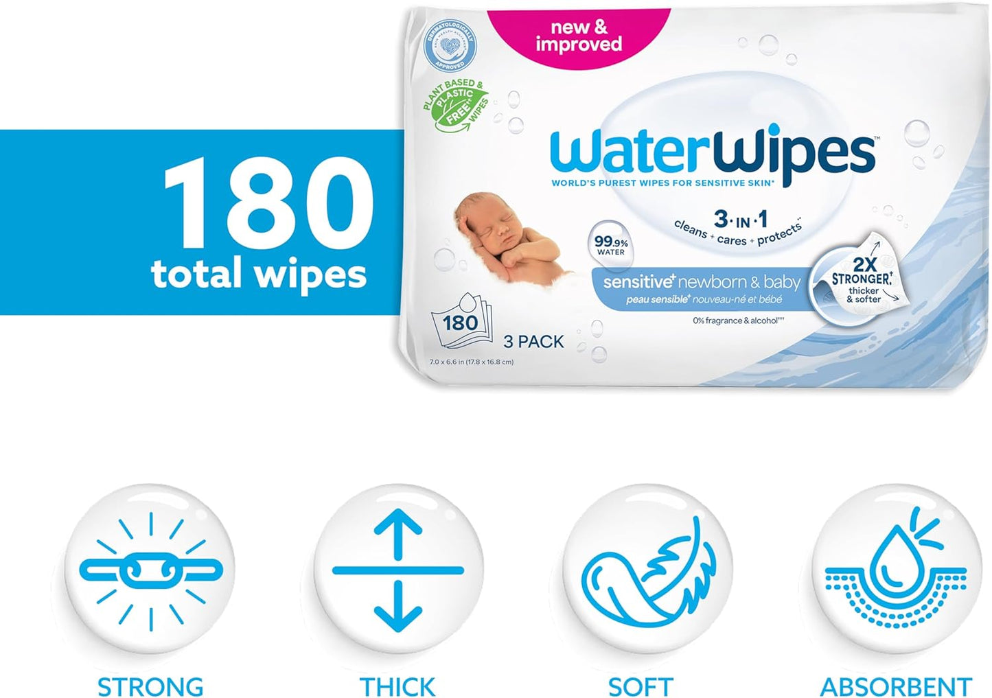 WaterWipes Sensitive+ Newborn & Baby Wipes, 3-In-1 Cleans, Cares, Protects, 99.9% Water, Unscented