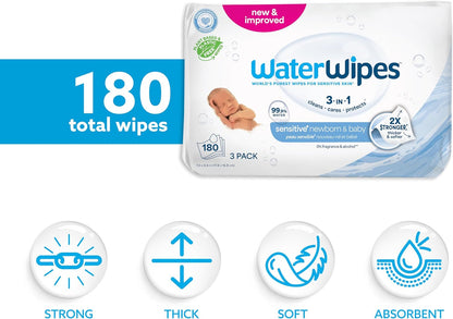 WaterWipes Sensitive+ Newborn & Baby Wipes, 3-In-1 Cleans, Cares, Protects, 99.9% Water, Unscented