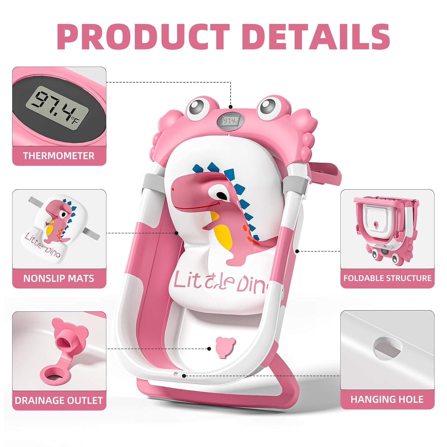 Collapsible Baby Bathtub for Newborns to Toddler with Real-time Temp Monitor & Floating