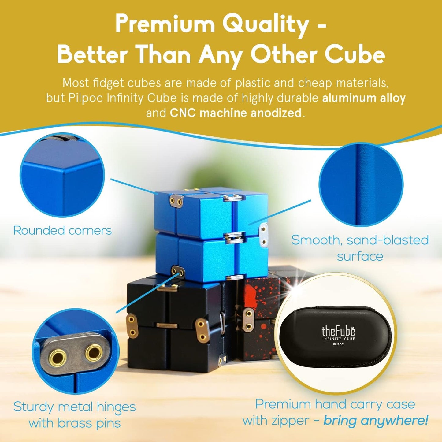 PILPOC theFube Infinity Cube Fidget Desk Toy - Aluminum Infinite Magic Cube with Case, Sturdy, Heavy, Relieve Stress and Anxiety, for ADD, ADHD, OCD (Blue)