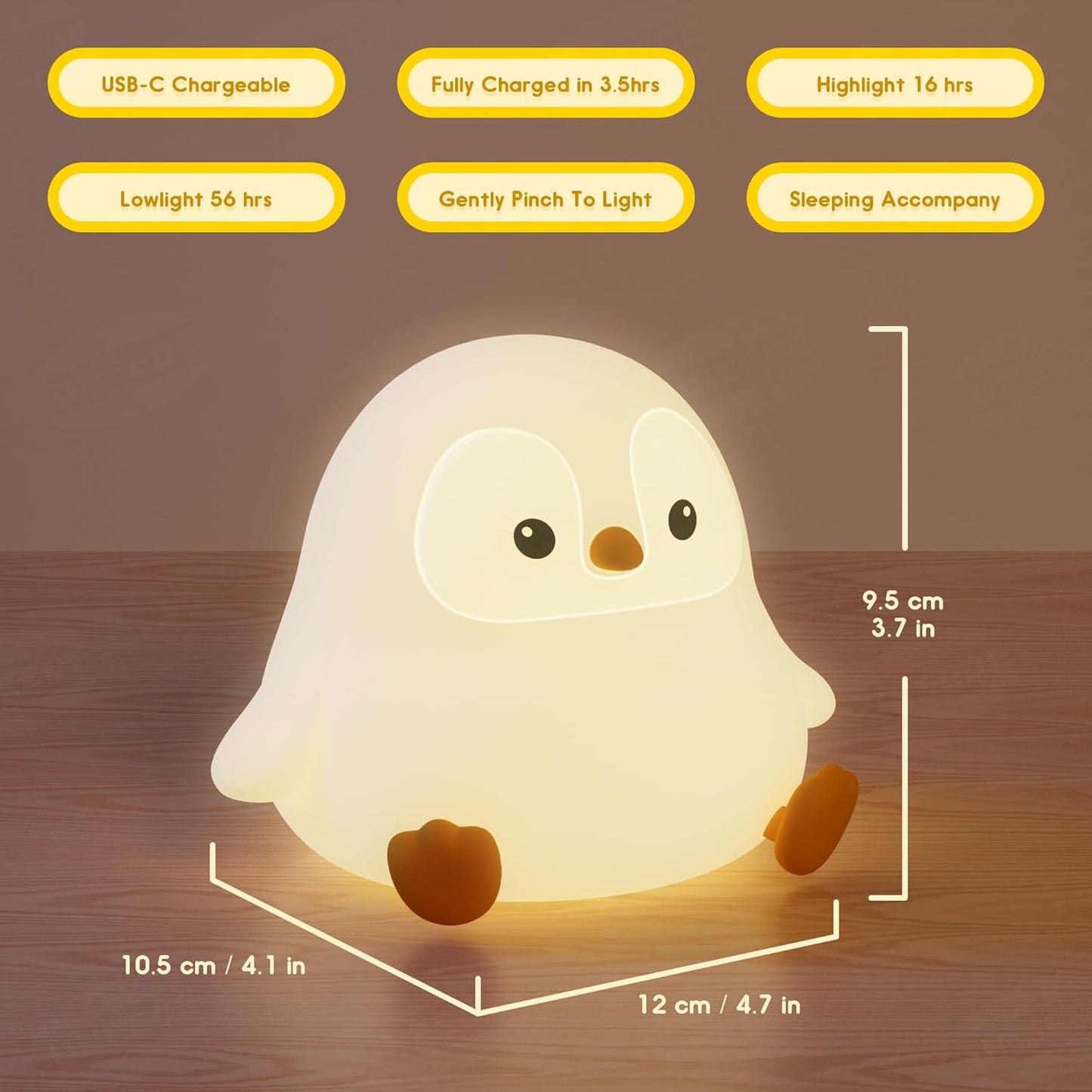 UNEEDE Sitting Penguin Night Light with Removable Floppy Bunny Ears - Silicone Touch Lamp, USB Rechargeable, Dimmable Nursery Light for Kids & Holiday Decor